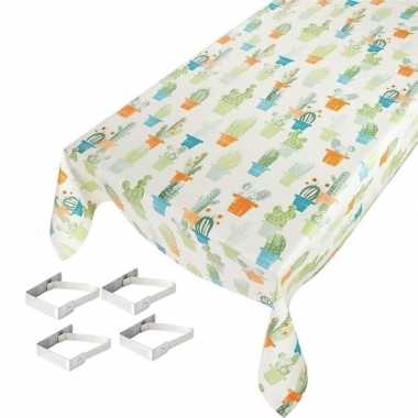 Cactussen print tuin tafellaken voor buiten 140 x 245 cm pvc/kunststo