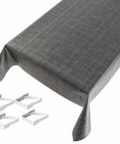 Antraciet tuin tafellaken voor buiten tweed print 140 x 245 cm pvc kunststof met aluminium klemmen