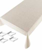 Creme tuin tafellaken voor buiten polkadot print 140 x 245 cm pvc kunststof met aluminium klemmen